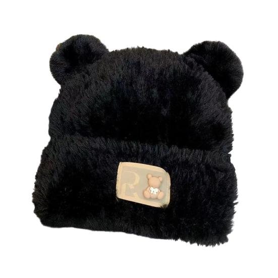 Women Knitted Hat Windproof Warm Solid Color Elastic Winter Hat Bear Ear Decor Cold Weather Plush Hat
