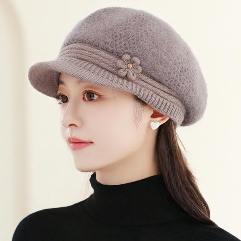 Women Fashion Winter Warm Hat Flower Design Plush Fur Lined Warm Hats For Women Casual Rabbit Fur Blend Outdoor Knitted Cap