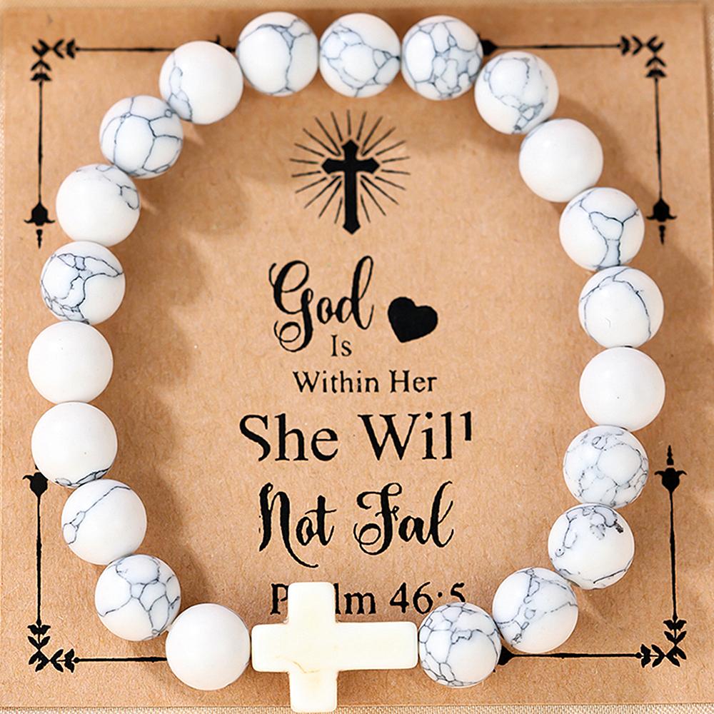 Религиозный крестовый браслет для женщин и мужчин, натуральный камень, эластичный браслет из бисера, молитвенный браслет с карточкой