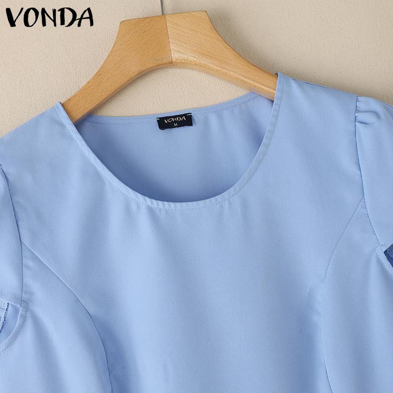 VONDA Летняя женская однотонная повседневная блузка с круглым вырезом и коротким рукавом с оборками