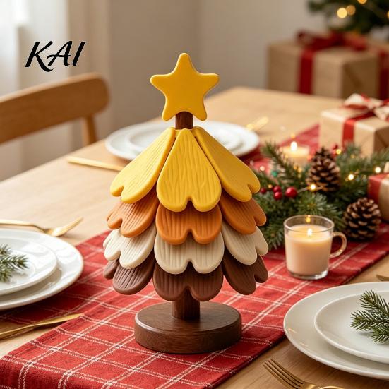 Holiday Table Decoration Christmas Tree Shaped Silicone Trivet Set, Collapsible Heat Resistant Hot Pad Gift for Home with Storage Stand, Space Saving