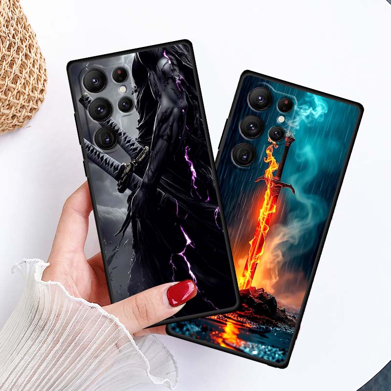 Мечник в древнем стиле Для Samsung Galaxy S26 S25 S24 S23 S22 S21 S20 Ultra Plus FE 5G Черный Мягкий ТПУ Чехол для телефона