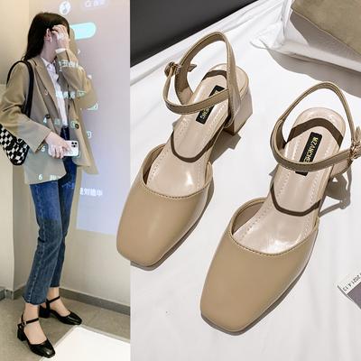 Модные корейские ретро-сандалии Baotou, летние 2024 года, новые квадратные сандалии с одной линией, пряжкой, простым средним каблуком, модные универсальные женские сандалии