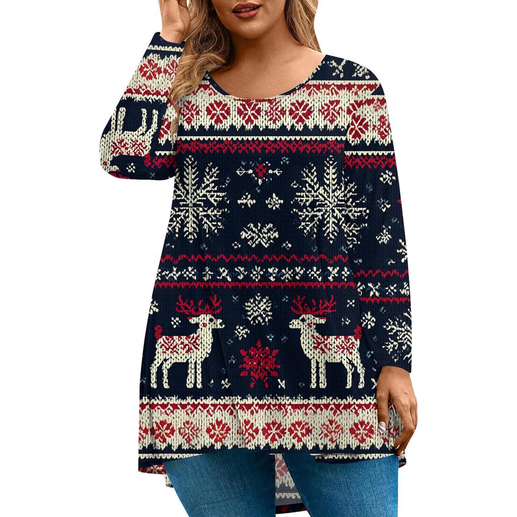 Women's Fashionable Casual Long Sleeved Plus Size Print Top Plus Size Floral Print Top