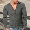 Men's Spring and Autumn Vintage Long-sleeved T-shirt Casual Button V-neck Slim Solid Color T-shirt