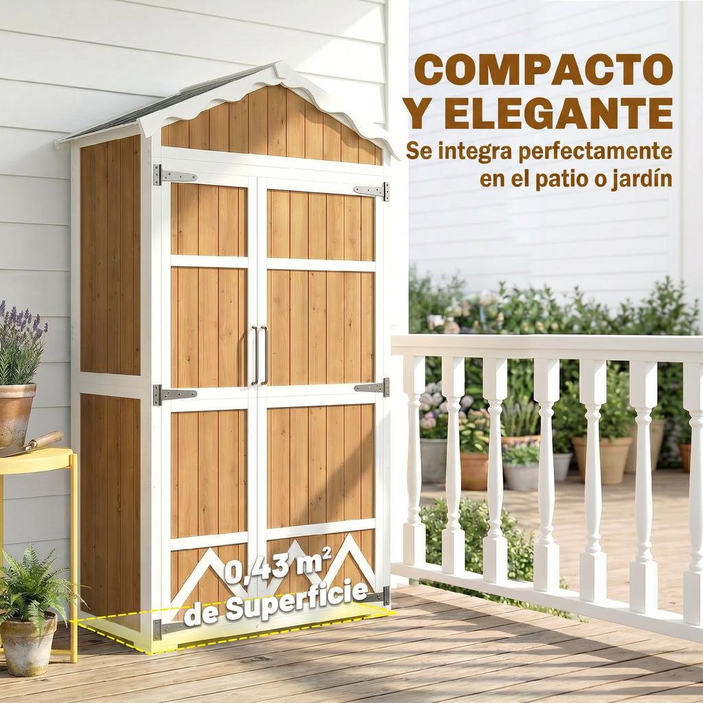 Wooden Garden Shed, 105 x 55 x 179 cm, Tool Cabinet, 4 Shelves, Natural, Galvanized Metal Roof