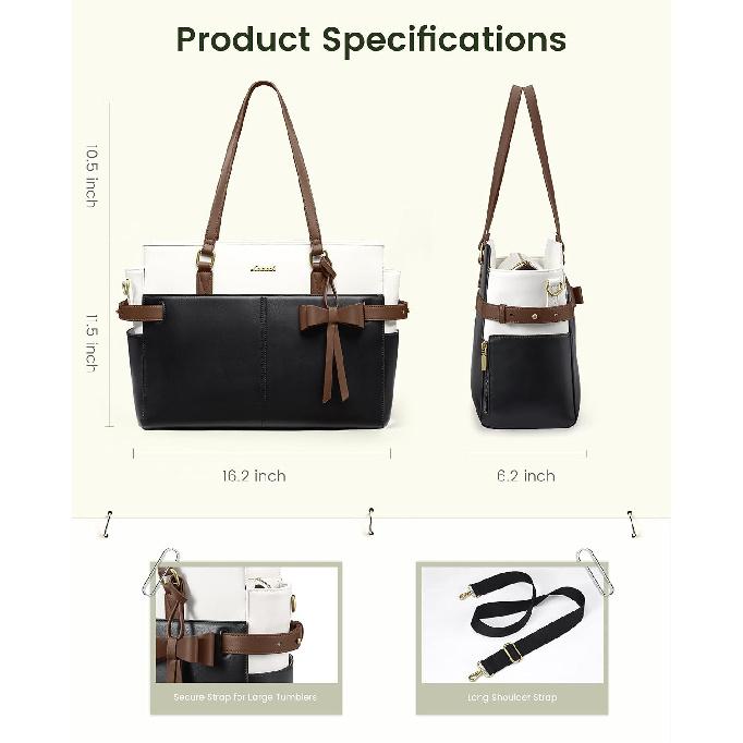 LOVEVOOK Work Tote for Women, PU Leather Laptop Bag with Large Cup Holder | Waterproof, Fits 15.6-Inch Laptop, Business Briefcase, Vintage PU Leather