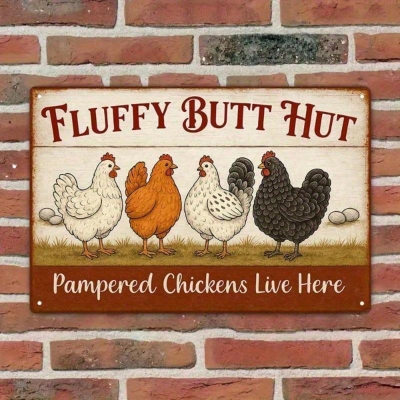 CocoButt Hut Забавная жестяная табличка с курицей, Винтажный металлический декор для стены 8x12 дюймов, Фермерская кухня, Рустикальное загородное настенное искусство, Пушистая задница