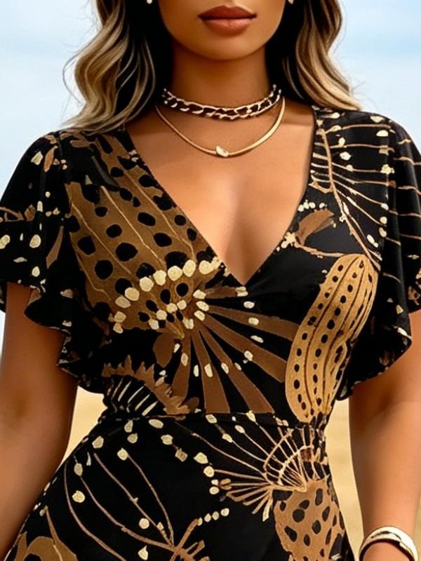 Casual Women's V Neck Maxi Dress Elegant Tropical Leaf Print Black Flare Sleeve Dress for Holiday