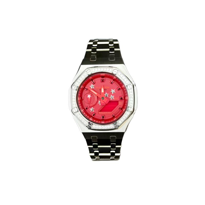 CASIO Customized watch modified series electroplated red pomegranate bezel diamond case silver star Quartz Steel Strap sam GA2100-4A