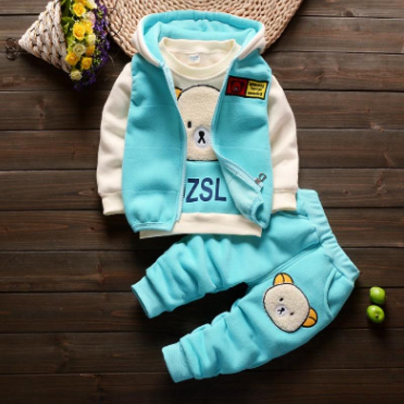 Children's Clothing Boys Girls Baby Winter Plus Velvet Thick Cartoon Bear 3pcs Sports Suit Sets
