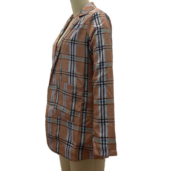 Женский пиджак с лацканами, длинный рукав, открытый спереди, пиджак с карманами, клетчатый принт, приталенный повседневный деловой пиджак