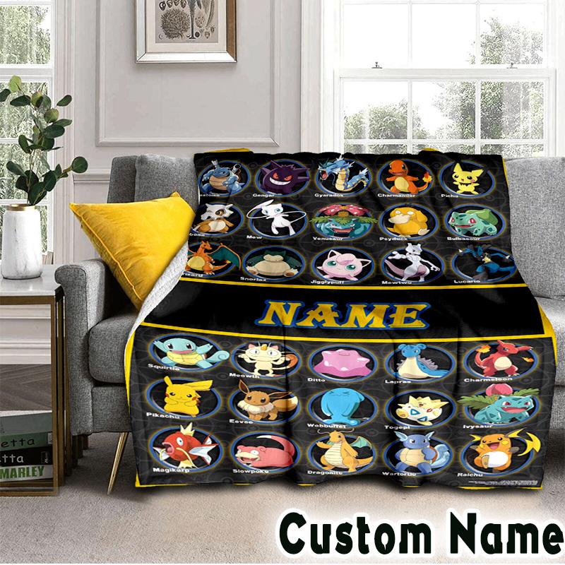Custom NamePok-mon Blanket Flannel Throw for Sofa, Indoor, Camping, Living Room, Office, Chair, And Bed Soft Birthday Christmas Gift