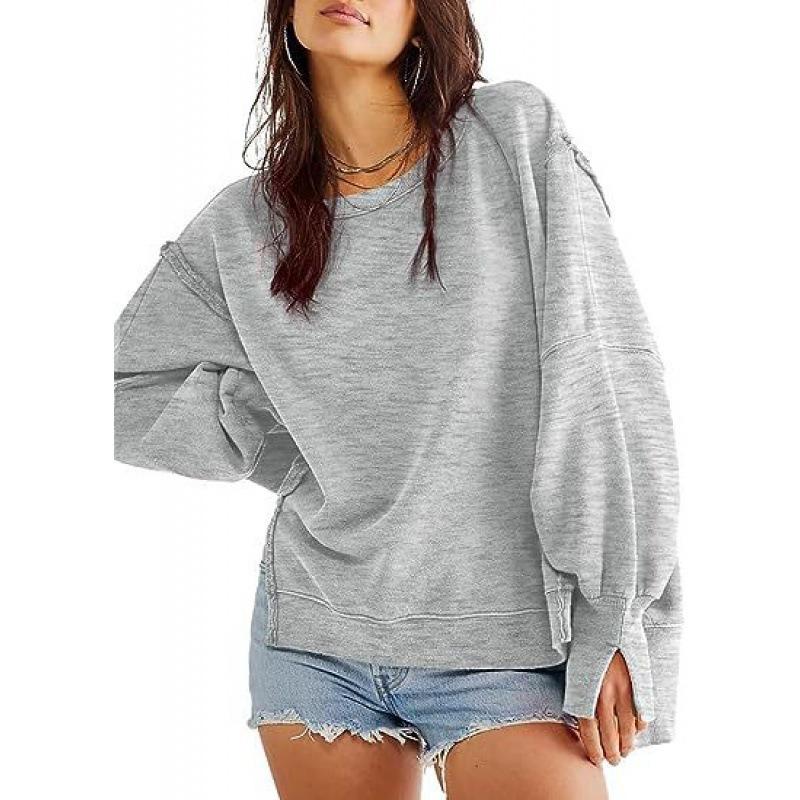 Women S Casual Loose Fit Round Neck Sweatshirt With Asymmetrical Hem And Side Slit