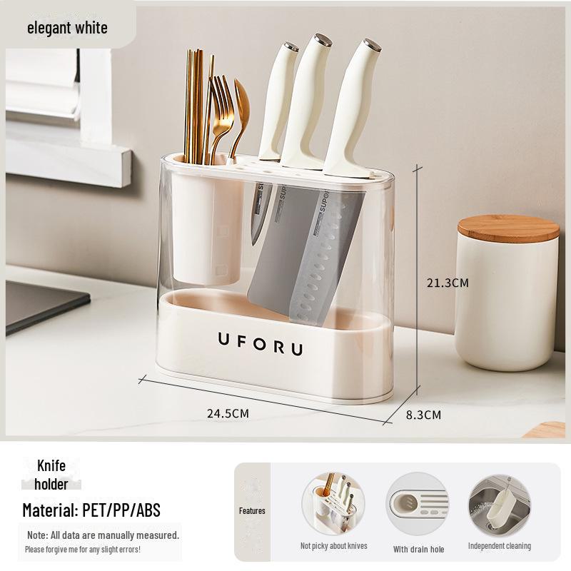 Многофункциональная кухонная стойка для ножей и столовых приборов в кремовом стиле со встроенным контейнером для приправ