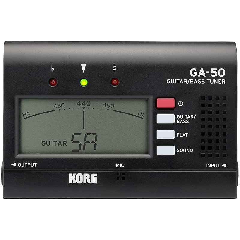 KORG GA-50 Тюнер для гитары/баса, Идеален для личных занятий, с выходом, Поддерживает многострунные гитары и басы, Флэтовую настройку и настройку для длинной мензуры,