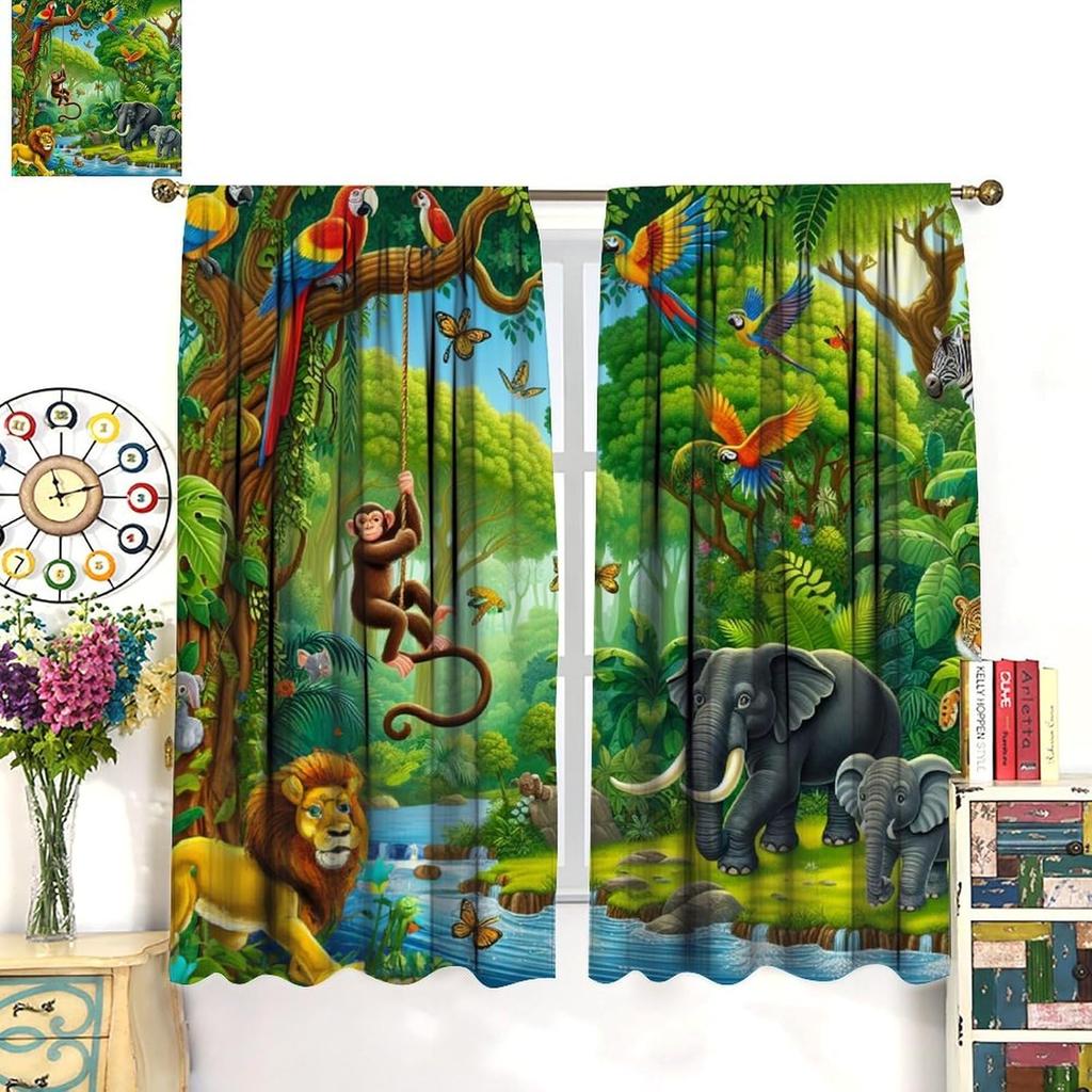 Animals Window Curtain Cartoon Jungle Forest Elephant Lion Print Curta For Kids Boys Girls Nursery Baby Bedroom Playroom Home