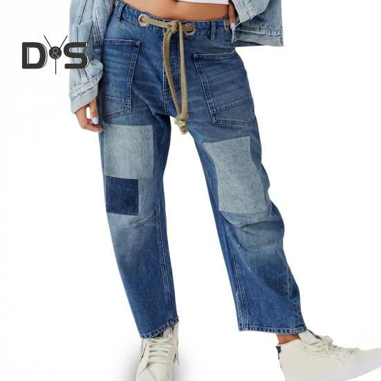 Women's Wide Leg Barrel Jeans Low Rise Drawstring Denim Ankle Pants Elastic Waist Stretchy Baggy Boyfriend Trouser