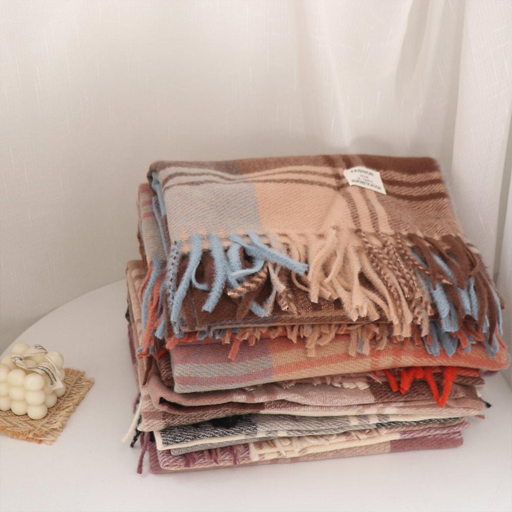 Long Tessel Plaid Wool Scarf Thicken Men Scarf Simple Winter Cashmere Scarf Female