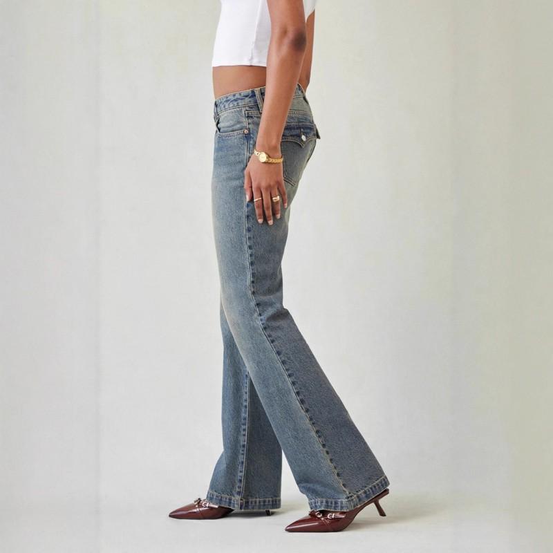 Womens Y2K Low Rise Bootcut Jeans Vintage Washed Flared Denim Pants Streetwear