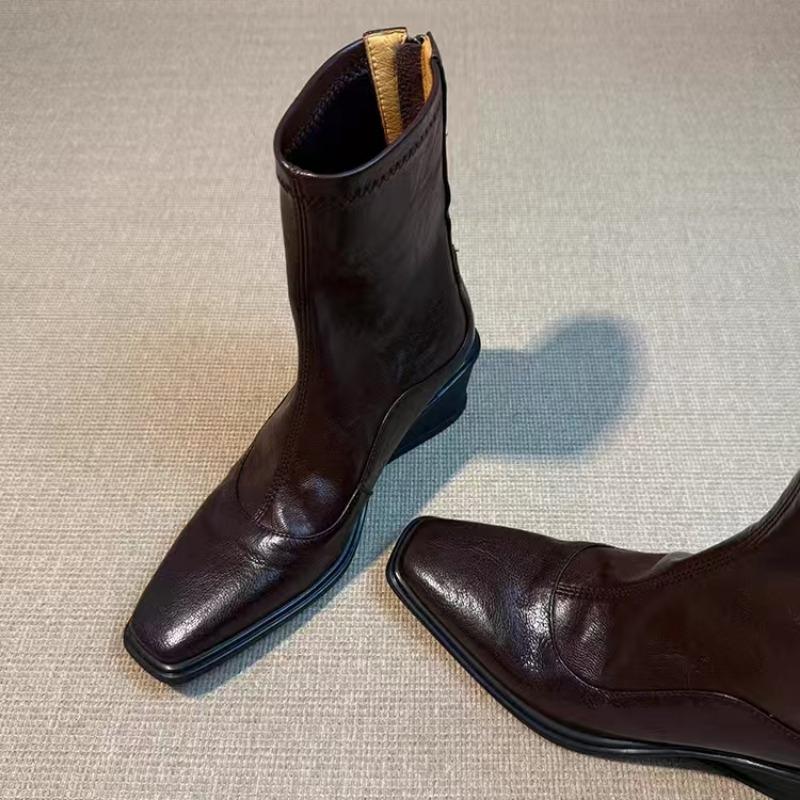 Square Toe Women Ankle Boots Wedges Leather Shoes Fad Mid Heels Chelsea Winter 2025 Trend Goth Office Shoes Retro Botas Mujer