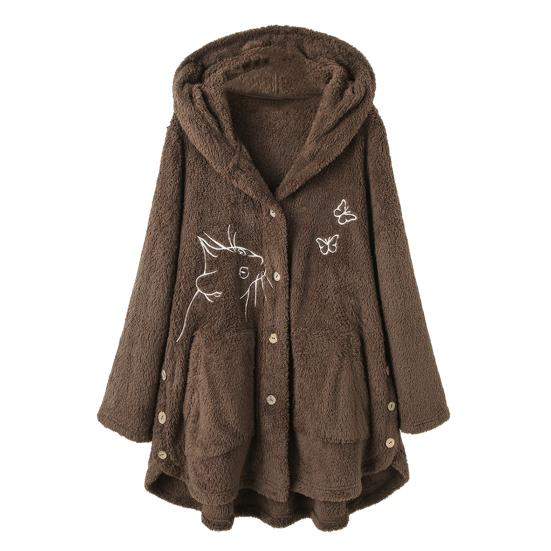 Women Winter Coat Thick Warm Thermal Long Sleeves Buttons Plush Butterflies Cozy Cat Pattern Winter Hoodie Coat for Outdoor