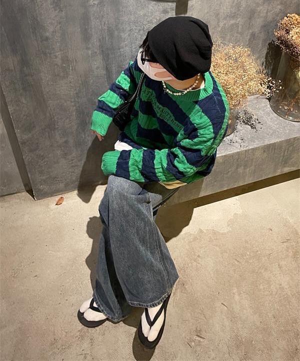 Винтажный полосатый вязаный свитер женский Harajuku Ретро джемпер с вышивкой букв модные свободные повседневные открытые топы Y2K