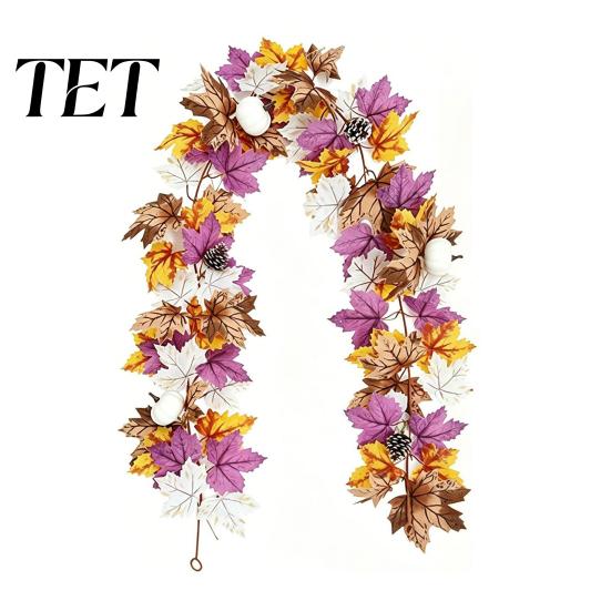 Seasonal Porch Welcome Signs Artificial Fall Maple Leaf Wreath, Autumn Vine with Pine Cones Pumpkins, Reusable Fake Leaves Hanging Decor for