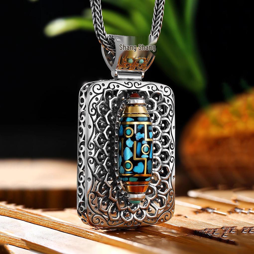 National Tibetan-Style Turquoise Nine-Eye Dzi Necklace with Dripping Glue Taotie Pendant for Men