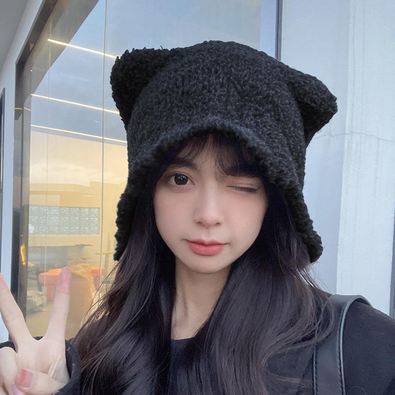 Женская шляпа Вязаная шляпа Большой обхват головы Ушки медвежонка