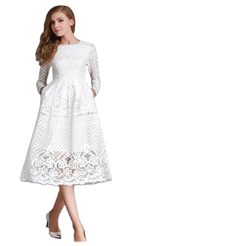 Plus Size Female Summer Dresses Female Round Neck Lace Long Sleeve Dress Slim Fit Midi Dress