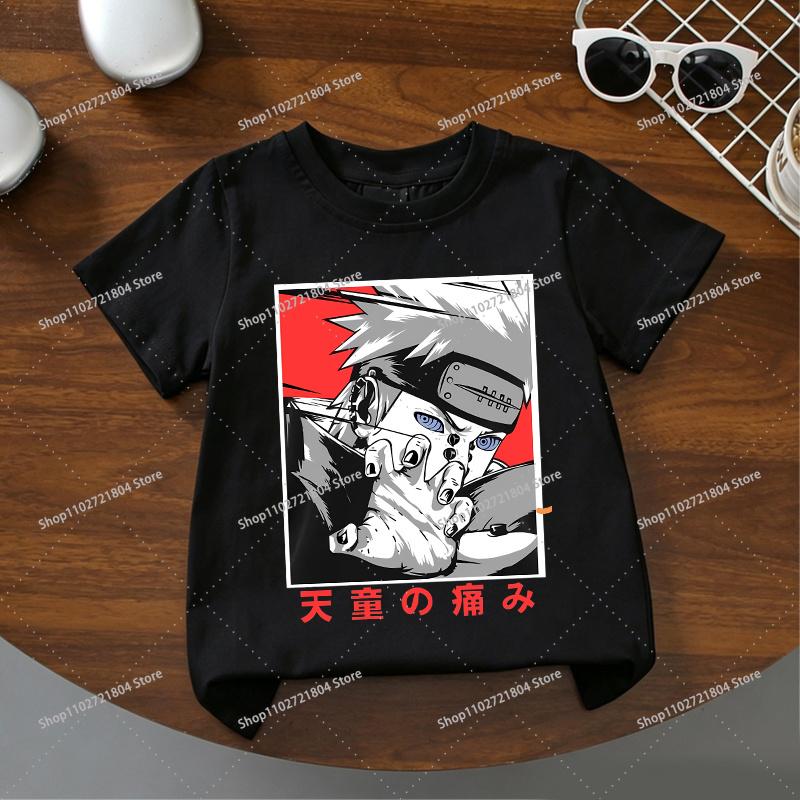 NARUTO Kawiai Black Tshirts for Boys Girls Anime Cartoon Printed Shortsleeved Top Children Summer Fashion Cute Tshirt Gifts