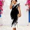 Women Plus Size V Neck Short Sleeve Black White Printed Fishtail Dress