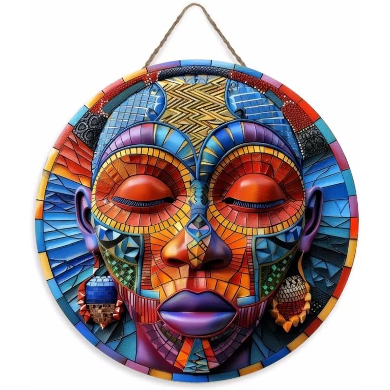Wood Unique African Mask Circular Wooden Sign with Artistic Design, Suitable for Door, Wall, Home, Room, Farmhouse, Street, Shop, Garage, Bar, Garden