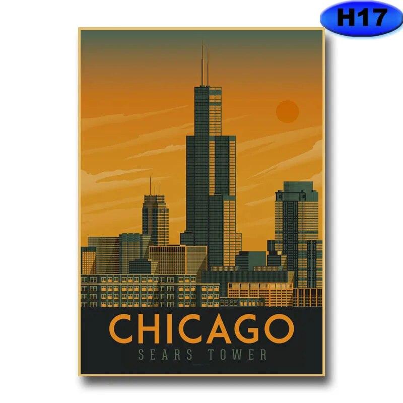 Плакат с известными городами, эстетический ретро-крафт-бумага, Нью-Йорк, Вашингтон, пейзажные постеры, домашний декор для комнаты