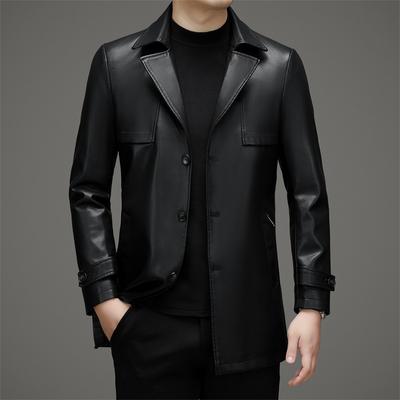 Кожаная куртка для мужчин среднего возраста большого размера, средняя и длинная куртка с лацканами, кожаная куртка для папы