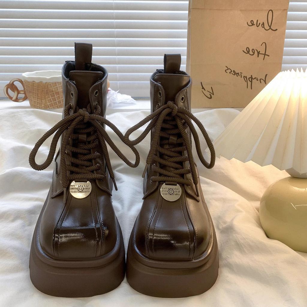 Martin Boots Women's Autumn New Spice Girl Square Head Big Head Lace-up Thick Sole Heightening Autumn and Winter Velvet Boots