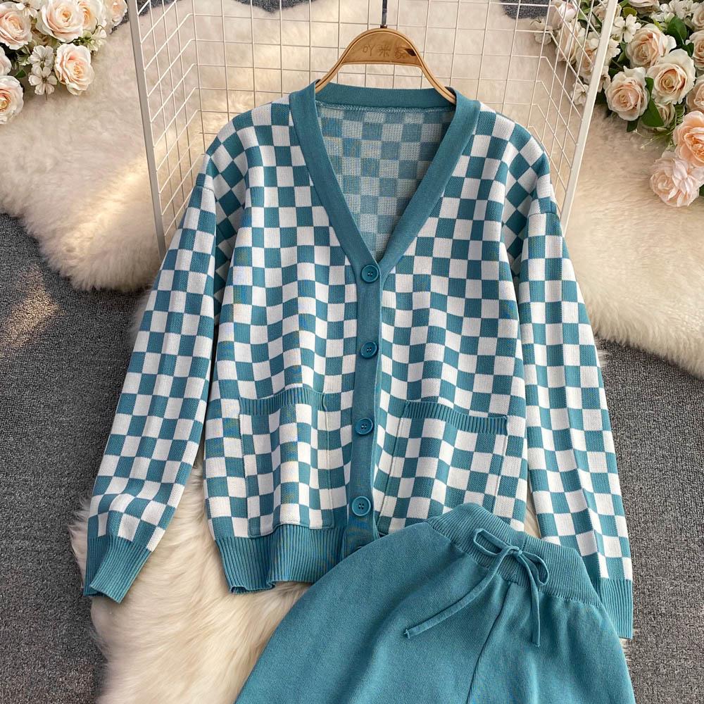 Осенне-зимний винтажный вязаный свитер в клетку, комплект из 2 предметов, женский спортивный костюм, однобортный пиджак, пальто + брюки до щиколотки, наряды