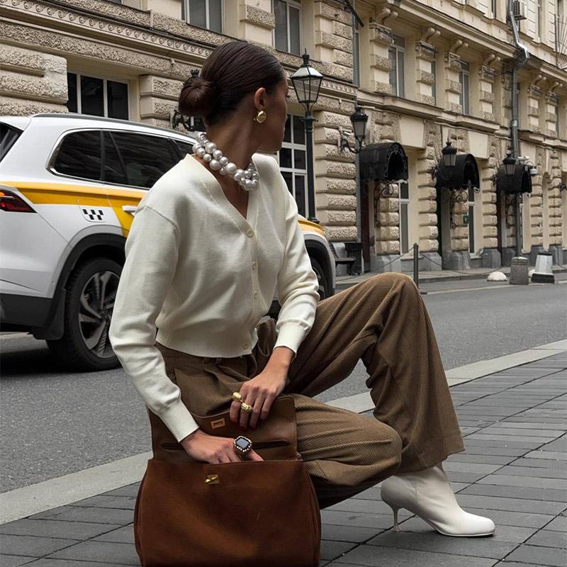 Вязаные кардиганы с V-образным вырезом, женские шикарные однобортные свободные элегантные однотонные свитера для женщин 2025 года, повседневные топы с длинным рукавом для женщин