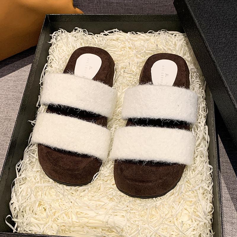 Интернет знаменитости популярные пушистые тапочки с толстой подошвой женская одежда 2024 новая мода простые высокочувствительные домашние хлопковые тапочки прилив