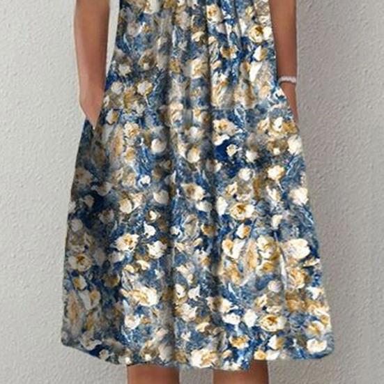 Платье с цветочным принтом и круглым вырезом, плиссированный дизайн, пуловер с короткими рукавами, элегантная повседневная одежда, женское летнее повседневное свободное пляжное платье больших размеров, одежда для отдыха