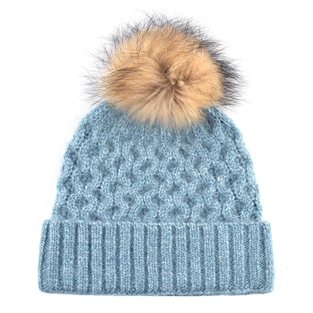 Женская зимняя шапка, женская теплая вязаная шерстяная шапка с натуральным мехом и помпоном, шапки для девочек