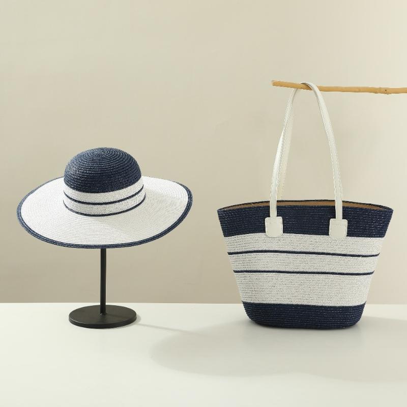 Straw Hat Tote Bag Set Adjustable Wide Brim Sun Hat Sturdy Woven Handbag 2Pcs for Women Outdoor Summer Activities
