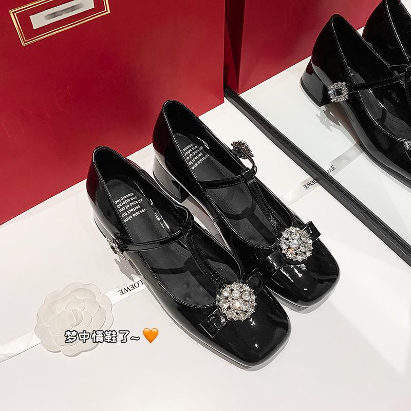 Весна 2025 новые туфли Мэри Джейн фея стразы бант французская кожа Т-образные туфли на толстом каблуке