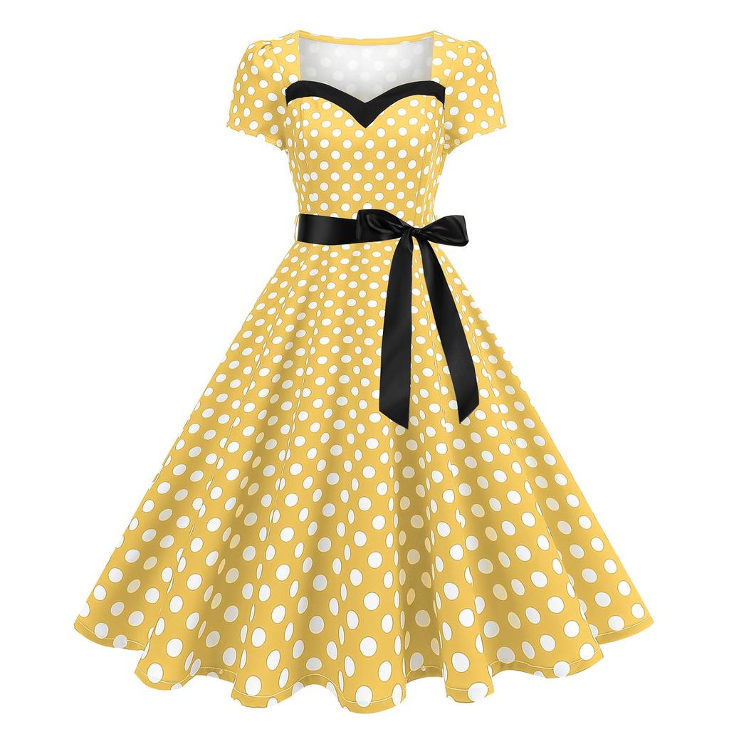 Женское модное повседневное вечернее платье в стиле кэжуал, с коротким рукавом, расклешенное, в горошек, в стиле ретро