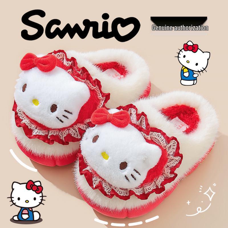 Зимние пушистые хлопковые тапочки Sanrio для девочек – Теплая домашняя обувь с мультяшным дизайном и толстой подошвой, доступна в размерах для родителей и детей.