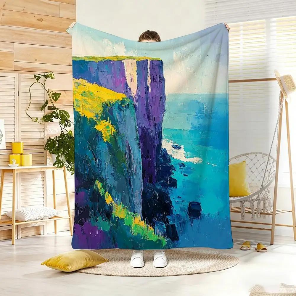Landscape Seas Edge Oil Painting Throw Lightweight Flannel Blanket Soft Skin-friendly for Summer Cooling