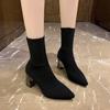 2024 Spring and Autumn New Pointed Socks, Thin Boots, Breathable Flying Woven High Heels, Solid Color All-match Women's Boots