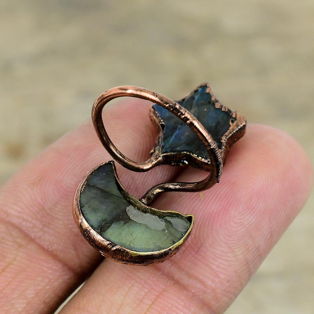 Кольцо с лабрадоритом, медное кольцо, изготовленное гальваническим методом, ювелирные изделия ручной работы с драгоценными камнями, регулируемое кольцо, кольцо с луной и звездой, красивые медные ювелирные изделия, подарки для него
