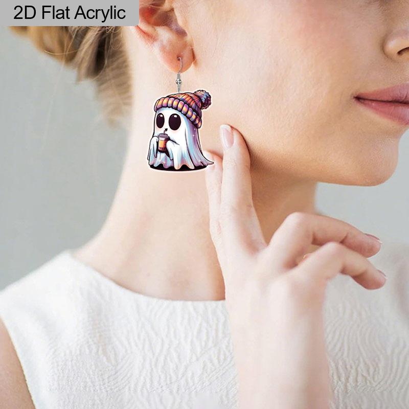 2D Flat Halloween Earrings Hooded Ghost Pattern Acrylic Dangle Earrings Halloween Theme Party Jewelry Gifts